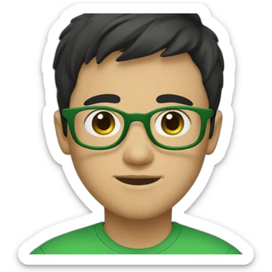 boy with green eyes, glasses, with black short hair, with green t-shirt sticker