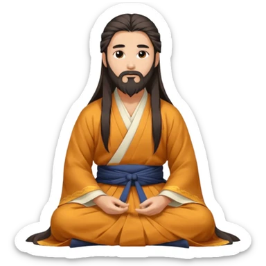 Beautiful man with lightly tan skin and dark long beard, long hair, in Hanfu sitting on the ground sticker