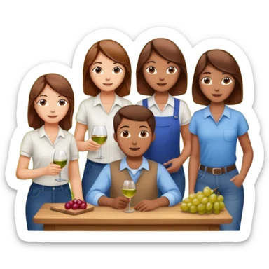 Make a photo of 5 project managers, specifically 3 girls with brown hair and 2 boys, that are making project for improvement of the winery sticker