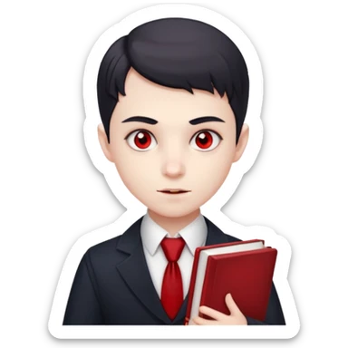 {
      "type": "human",
      "look": "young vampire student, tidy uniform, tie, red eyes, holding book",
      "description": "a young vampire student with red eyes wearing a neat uniform and holding a book"
    } sticker