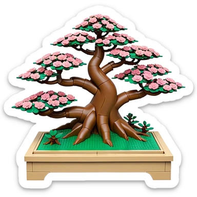 Wide Three 7-tiered Lego bonsai stand, shelving nine maple specimens and several smaller azaleas, frame made of oaken palette wood  sticker