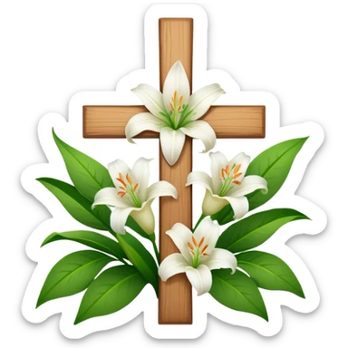 A wooden cross with white lilies around the bottom. sticker