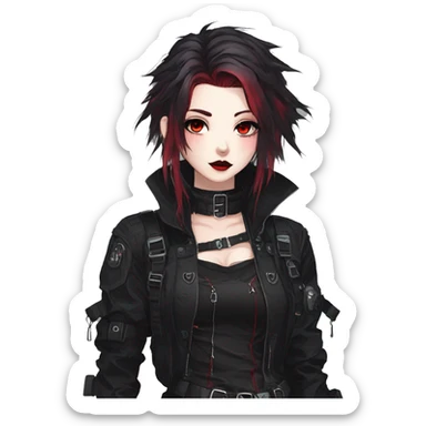 Gorgeous gothic dark techwear anime style lady with blushing face aesthetic and pretty edgy black red punk messy hair with collar and harness trending style sticker