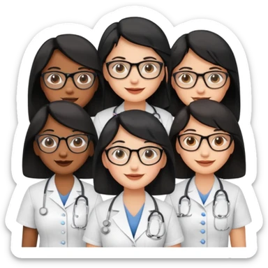 Genera un emogis con cuatro enfermeras pelinegra juntas, entre ellas una con lentes y otra con lunar encima del labio sticker