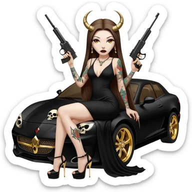 Sensual woman long brown straight haired sexy drug lord woman with tattoos on arm sleeves and black thick butt platform high heels on her feet, and devil black horns on her head, she is holding a skull head and a gun. Sitting on gold car full of gold , long black dress with sexy slit sticker
