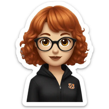 Auburn red-haired girl with bangs and short hair and black glasses and black clothes holding a Cavalier puppy sticker