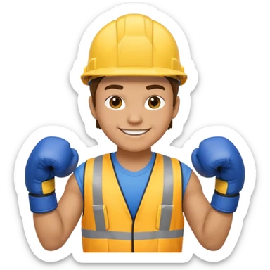 smiling construction worker with yellow helmet and blue boxing gloves sticker