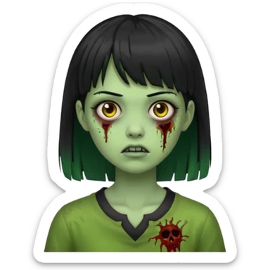 Emoji de uma garota zumbi com os cabelos longos, lisos e pretos. Ela usa uma franja curta. Pele verde  sticker