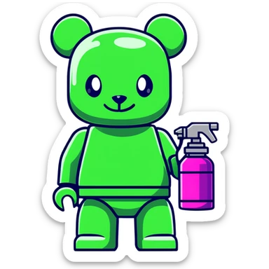 Lego style bearbrick with wild graffiti art patterns, X eyes, holding a spray paint can, vibrant colors sticker