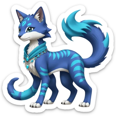 Kawaii cute Indigo Turquoise Grey beautiful pretty elegant divine edgy feline-vernid-sergal-Fakémon-Pokémon-Digimon-fursona-animal-creature, full body, with intricate detailed markings, silken shawl, decorative anklets sticker
