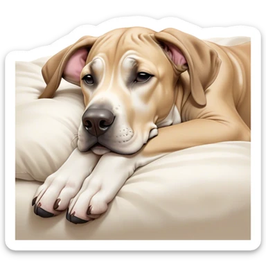 Meme-Worthy Cute Sleeping Fawn Great Dane Portrait Emoji, Head resting peacefully with a contented smile, showcasing a delightfully solid build and a luxuriously soft fawn Fur, eyes shut in a serene nap, Simplified yet hilariously adorable features, highly detailed, glowing with a soft, drowsy light, high shine, relaxed and utterly lovable, stylized with an air of playful laziness, bright and heartwarming, soft glowing outline, capturing the essence of a comically sleepy guardian, so meme-worthy it feels like it could instantly become the next viral sensation of adorable slumber! sticker