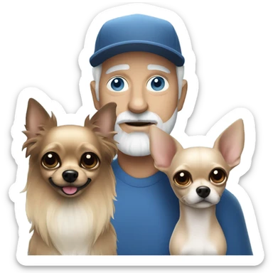 Blue eyed Old man with goatee beard ball cap holding long haired black chihuahua sticker