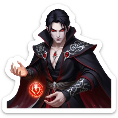 Cinematic Realistic WoW Vampire Mage Portrait, captured in a dynamic, battle-ready pose as he unleashes a torrent of arcane energy. His pallid skin and sleek dark hair contrast sharply with the flowing black robe adorned in silver filigree and glowing runes, while his crimson eyes radiate unyielding power. Rendered with intense, lifelike texture and dynamic, eerie lighting, high shine, embodying the fierce, relentless spirit of a dark sorcerer. sticker