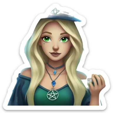 blonde witch girl with green eyes and straight hair with a birthmark above her upper lip wearing a necklace in a form of pentacle with a small blue stone inside doing tarot spread  sticker