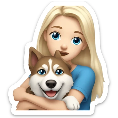 a girl with blue eyes and light-blond hair hugs a husky dog ​​with brown eyes sticker