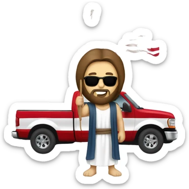 Jesus with a Ford F150 pickup truck and the American flag sticker