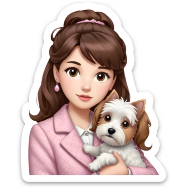 “A woman with fair skin, long brown hair styled in a half-updo with bangs, and large brown eyes framed by long, beautifully curled eyelashes. She has a mature appearance and is wearing a baby pink tweed jacket. She is holding a West Highland White Terrier in her arms.” sticker