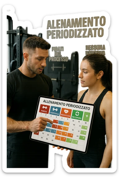realistic cinematic photo a personal trainer and a client stand in a modern gym, reviewing a large, color-coded training calendar or chart on a tablet. The calendar shows different phases (Forza, Ipertrofia, Resistenza, Recupero) with icons and dates. Around them, gym equipment and motivational posters reinforce the idea of structured, periodized training. in italiano sticker