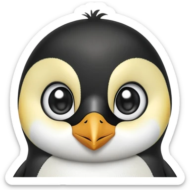 cinematic-cute-emperor-penguin-portrait-emoji,-head-tilted-playfully-and-inquisitively,-with-glossy,-pristine-plumage,-sparkling-eyes-filled-with-curiosity,-simplified-yet-irresistibly-adorable-features, black, large black eyes face, zoomed in sticker