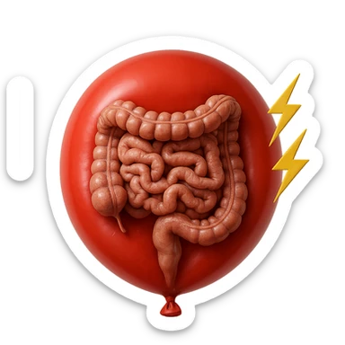 intestino umano anatomico chiuso in un palloncino rosso che simboleggia gonfiore, accanto simboli di fulmini e che simboleggiano "dolore", iperrealistico 4k sticker