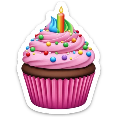 cupcake emoji with pink cake, chocolate icing, and rainbow sprinkles sticker