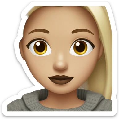 light skinned girl with dark green eyes and brown hair with blonde highlights wearing a grey off the shouldler sweater and dark red lipstick sticker