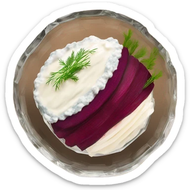 Shuba russian Layered Beet dish  with Herring and mayonnaise in Crystal bowl, dill on top  sticker