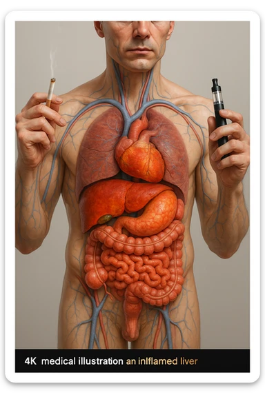 FANNE 10 CON LO STESSO IDENTICO STILE DEL CORPO UMANO CHE HO ALLEGATO , MA USANDO QUESTO COMANDO: A MEDICAL ILLUSTRATION OF A REALISTIC human body WITH INFLAMMED LIVER AND INTESTINE IN EVIDENCE, HOLDS A LIGHTED NORMAL CIGARETTE IN HIS RIGHT HAND, AN ELECTRONIC CIGARETTE IN HIS LEFT HAND IPERREALISTICA  4K sticker