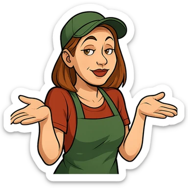 В позе этого мема сгенерируй типичную молодую российскую продавшицу в продуктовом магазине c слегка увеличенным губами, накрашенными глазами, которая недоуменно но при этом хитровато разводит руками, слегка рисованный, но при этом объемный стиль, прозрачный фон sticker