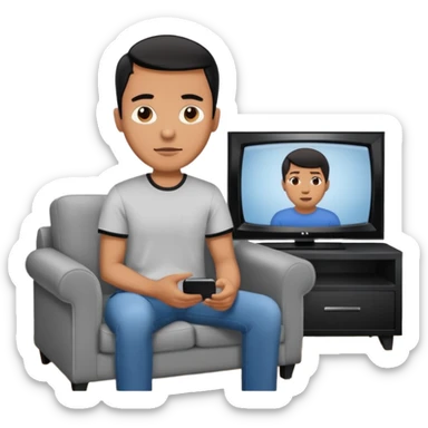 A man photographed from behind, sitting on a sofa and watching the news on TV on a modern flat screen. The setting is a living room. sticker