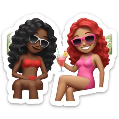 Two girls. One of them with long black wavy hair, sunglasses on, red swimming suit, another one is red hair, pink swimming suit, both drink cocktails and laying on the outdoor couch  sticker