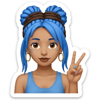 brown girl with blue dreads in a bun, giving peace sign with middle finger sticker
