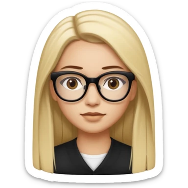 A woman with light skin tone, long straight blonde hair parted to the side, large brown eyes, wearing black-framed glasses, and a neutral expression with a slight smile. sticker