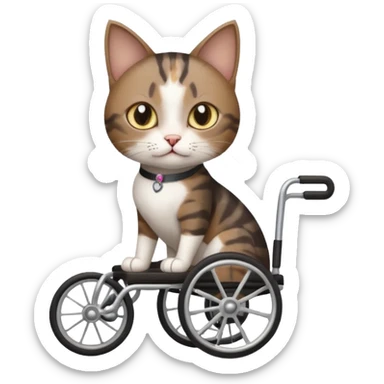 full body small short hair dark brown and white cat with hazel eyes walking in a wheelchair for cats sticker