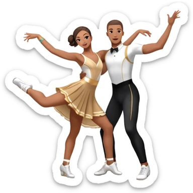 Icon for Sports Dance: a couple performing an energetic and synchronized dance, dressed in competitive dance attire, dance shoes, a rhythmically placed dance floor, and a competition backdrop. The icon should capture the athleticism, technique, and precision of sports dance. Transparent background. sticker