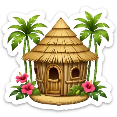 Hawaiian tiki hut house, round tropical hut, bamboo details, thatched roof, tiki masks decoration, hibiscus flowers, cute mobile game icon, 3D cartoon, clean background, no text sticker