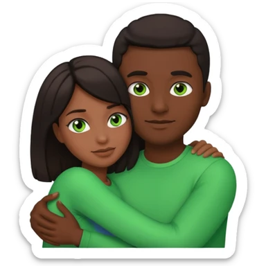 black man hugging a woman with dark hair and green eyes, emoji style sticker