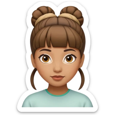 In Apple Memoji format, a girl with bangs and her hair in a bun. The girl has light brown skin and arab ethnic features sticker