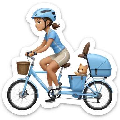 A women who rides a gray e bike with a light blue bike trailer for kids which is attached to the bicycle  sticker