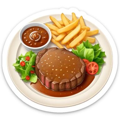 big juicy australian steak meal featuring chips, small salad in a ramikan and gravy in a small bowl on the plate sticker