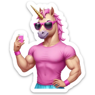 friendly anthropomorphised masculine unicorn with horse-like face, muscular bodybuilder build, in tutu and pink t-shirt, wearing dark sunglasses, relaxed pose, close-crop head and shoulders portrait sticker