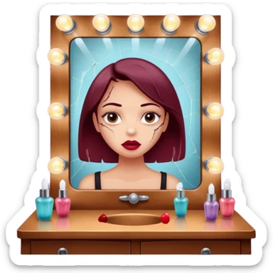 Minimalist emoji-style sticker of a vanity mirror with dim bulbs and cracked glass, words “Am I real yet?” smeared in dusty lipstick tone


 sticker