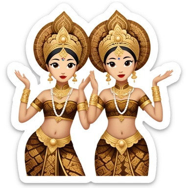 ​Cinematic Realistic Traditional Javanese Dancers, depicted as two graceful dancers in ornate traditional costumes with intricate batik patterns and elaborate headpieces, captured in dynamic poses during a ritual dance in an ancient temple courtyard, rendered with soft golden lighting and rich cultural textures, sticker