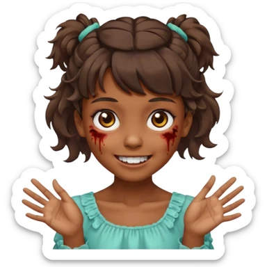 Cabelo ondulado  um pouco cheio e franja curta  Olhos marrons e pequenos e feita d ezumbi mais bonita com cabelo amarro na e com as mãos assim tipo assim🧟‍♀️ sticker