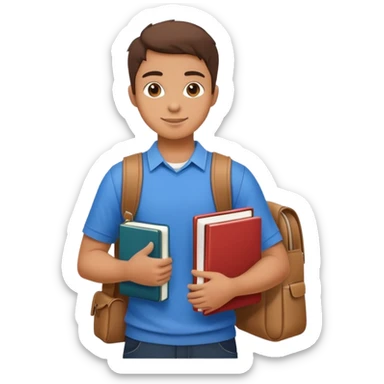 A flat-style illustration of a university student, holding a few textbooks and wearing a messenger bag. Clean, modern cartoon style, white background, iOS emoji aesthetic. sticker