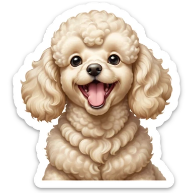 Cinematic Cute Yawning Cream Poodle Portrait Emoji, Head tilted slightly with a dramatic, wide-open yawn, displaying a soft, curly cream Fur with delicate texture, floppy ears slightly drooping, round warm eyes barely open in drowsy contentment, Simplified yet irresistibly adorable features, highly detailed, glowing with a soft, cozy glow, high shine, relaxed yet expressive, stylized with a touch of whimsy, bright and endearing, soft glowing outline, capturing the essence of a sleepy yet affectionate companion, so drowsy it feels like it could stretch right out of the screen and curl up for a nap! sticker