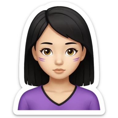 a tan chinese-american 15 year old girl with straight black hair down to her chest. mascara sticker