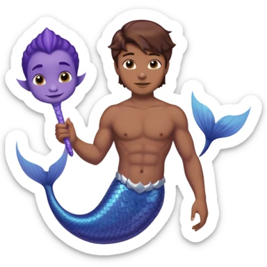 merman with brown hair brown eyes and medium to dark skin tone with a blueish purple tail and not insanely muscular  sticker