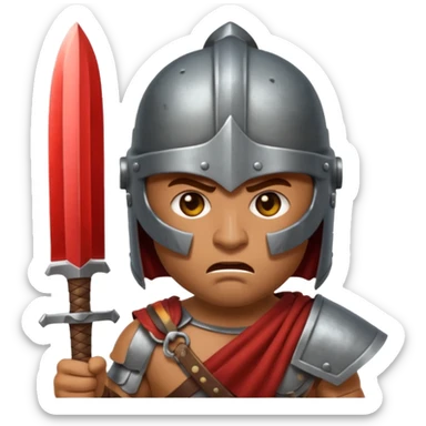 Emoji portrait of an entertainment slave (gladiator). He has an angry expression and wears a helmet, holding a short sword. sticker