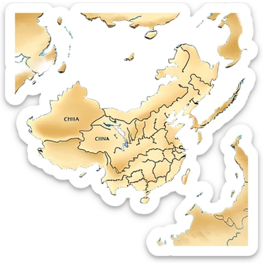 Cinematic-realistic outline of china, featuring its distinct landmass with accurately defined coastlines. The deep blue ocean surrounds the golden-brown continent, with subtle topographic shading to highlight its terrain. A soft glowing effect enhances the edges, making the shape stand out against a neutral, textured background. sticker